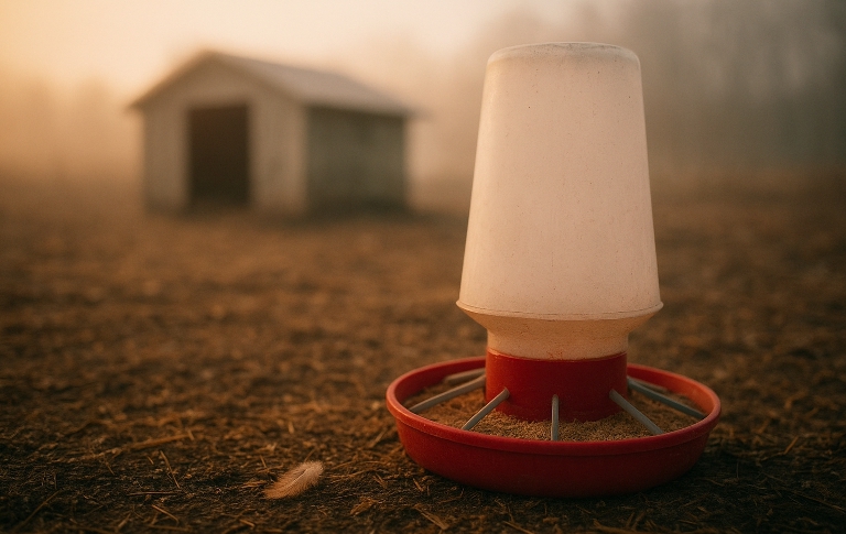 Chicken feeder and chicken coop, probably for layer chicken in the background.