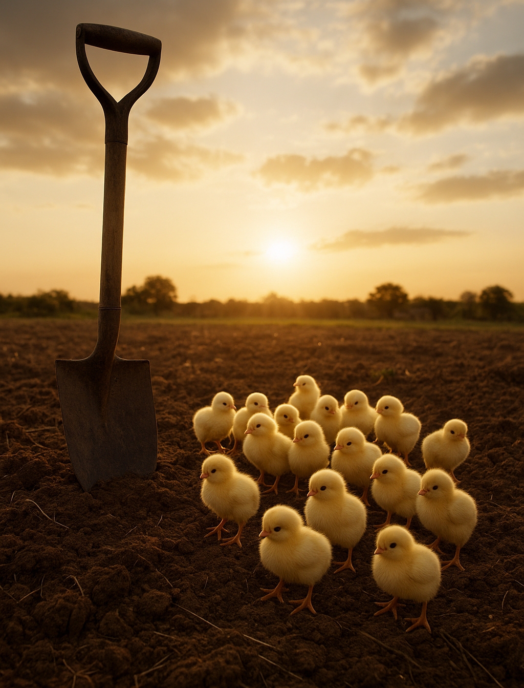 Yellow day old layer chicks.Definitely still in brooding out on the farm with a spade - a commonly used farm tool/equipment