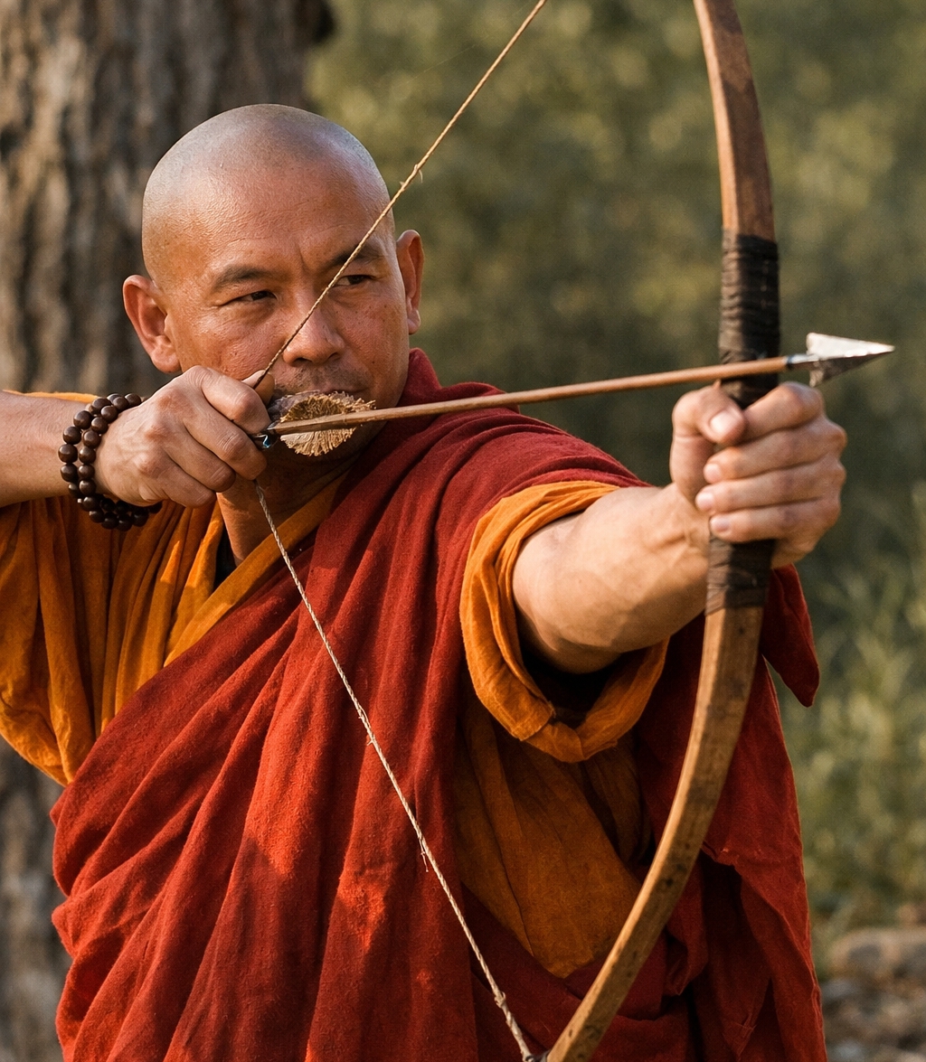 A Buddha holding an arrow about to shoot. Buddha means enlightened one and this is used in a Secret Layers story to educate farmers.