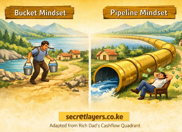 The bucket vs pipeline mindset.Adapetwd from rich dad's cashflow quadrant to teach hard work vs smart work.